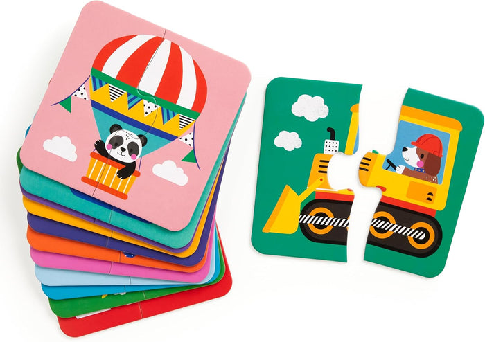 A set of colorful children's wooden puzzle cards on a white background, showing a stack of cards with a hot air balloon and panda illustration, and a partially assembled card with a yellow construction vehicle and dog driver.