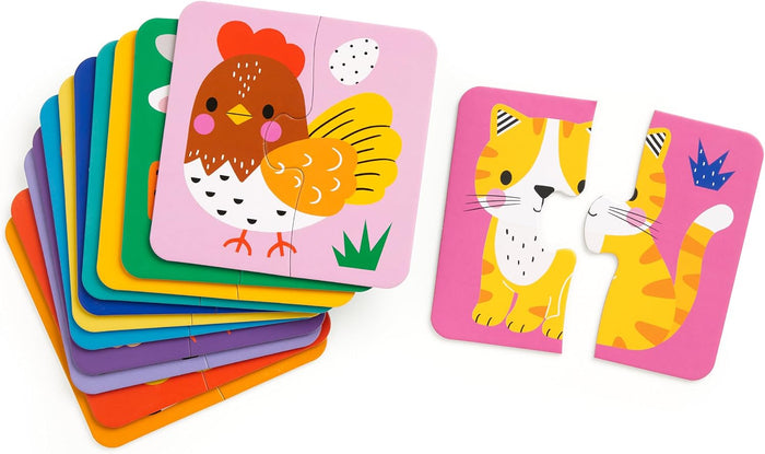 A set of colorful children's wooden puzzle cards on a white background, showing a stack of cards with animal illustrations and two separate puzzle pieces forming a cat picture.