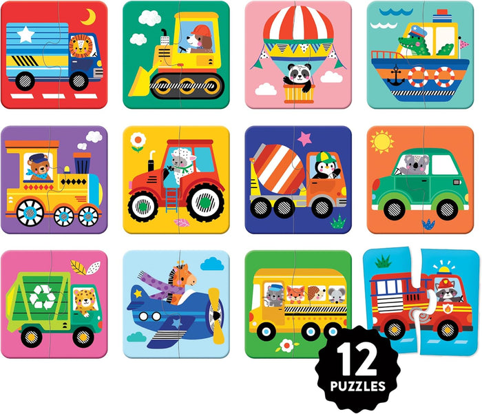 A set of 12 colorful children's vehicle-themed jigsaw puzzles arranged in a grid on a white background, with a black circular badge in the lower right that reads '12 PUZZLES'.