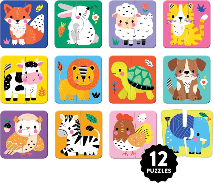 A set of 12 colorful animal jigsaw puzzles arranged in a grid on a white background, with a black circular badge in the bottom right that reads '12 PUZZLES'. The puzzles feature cute cartoon animals including a fox, rabbit, sheep, cat, cow, lion, turtle, dog, owl, zebra, chicken, and elephant, each on a different bright background color.