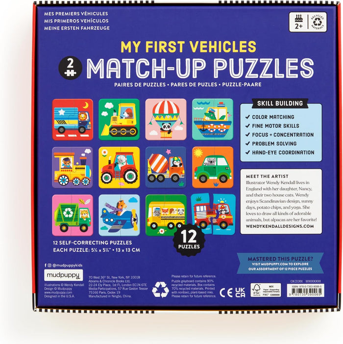 Front cover of a children's puzzle book titled "My First Vehicles" with a dark blue background, colorful vehicle illustrations, and product details including age 2+, skill building benefits, and 12 puzzles.