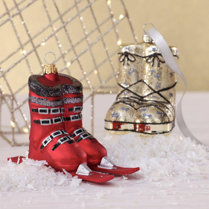 Matt Red Ski Boots on Skis Glass Ornament