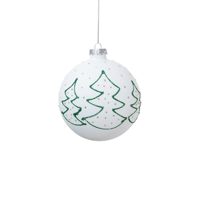 Matt White Glass Ball Ornament with Green Tree Silhouette