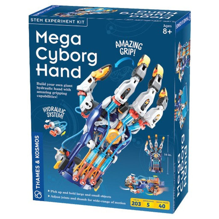 Box of Mega Cyborg Hand STEM experiment kit with colorful hand design on a blue background
