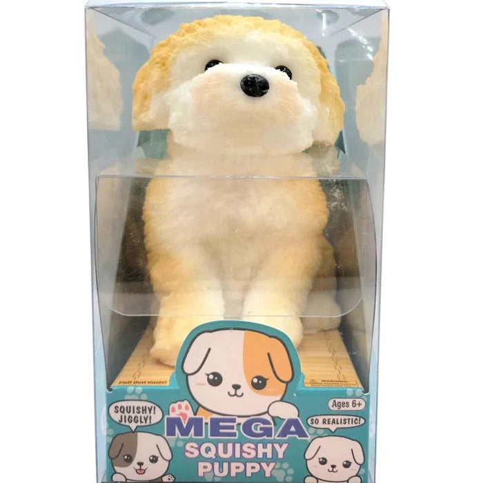 A packaged squishy puppy toy labeled 'MEGA SQUISHY PUPPY' inside a clear plastic box with a printed front label showing cartoon puppy graphics and product text.