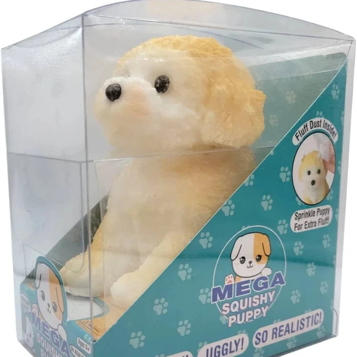 Squishy dog in a clear box with a blue label, featuring the brand 'Mega Squishy Puppy'.