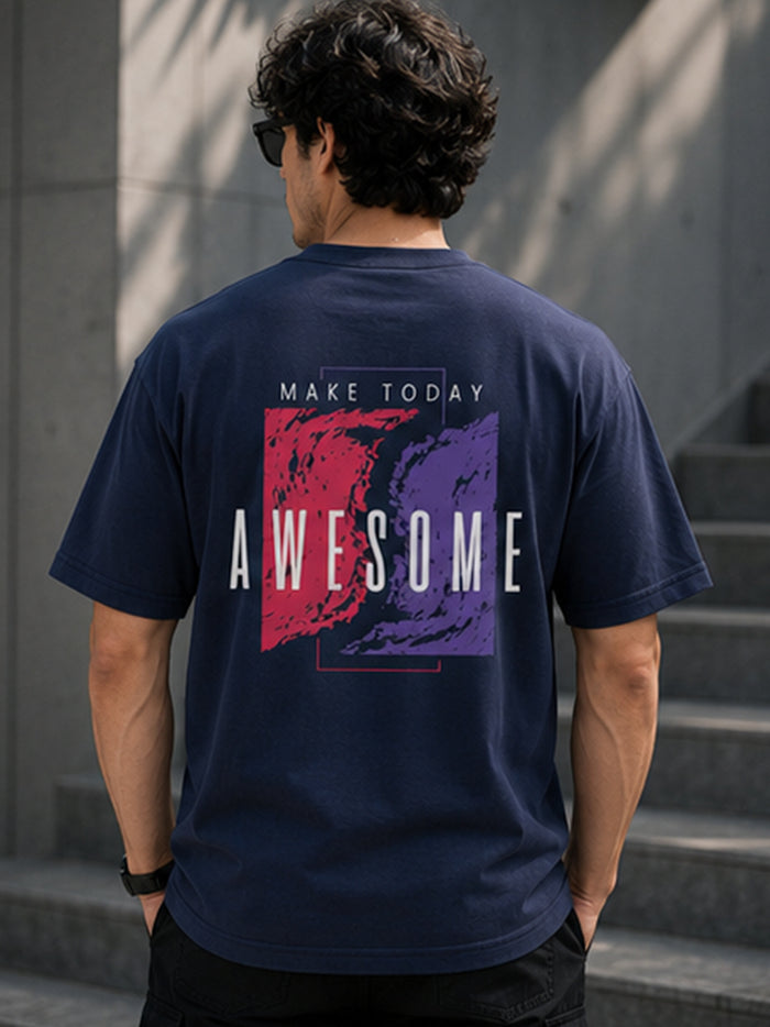 Men's Oversized Drop Shoulder T-Shirt | Pure Cotton Relaxed Fit Round Neck Streetwear Activewear Tee (Navy Blue)
