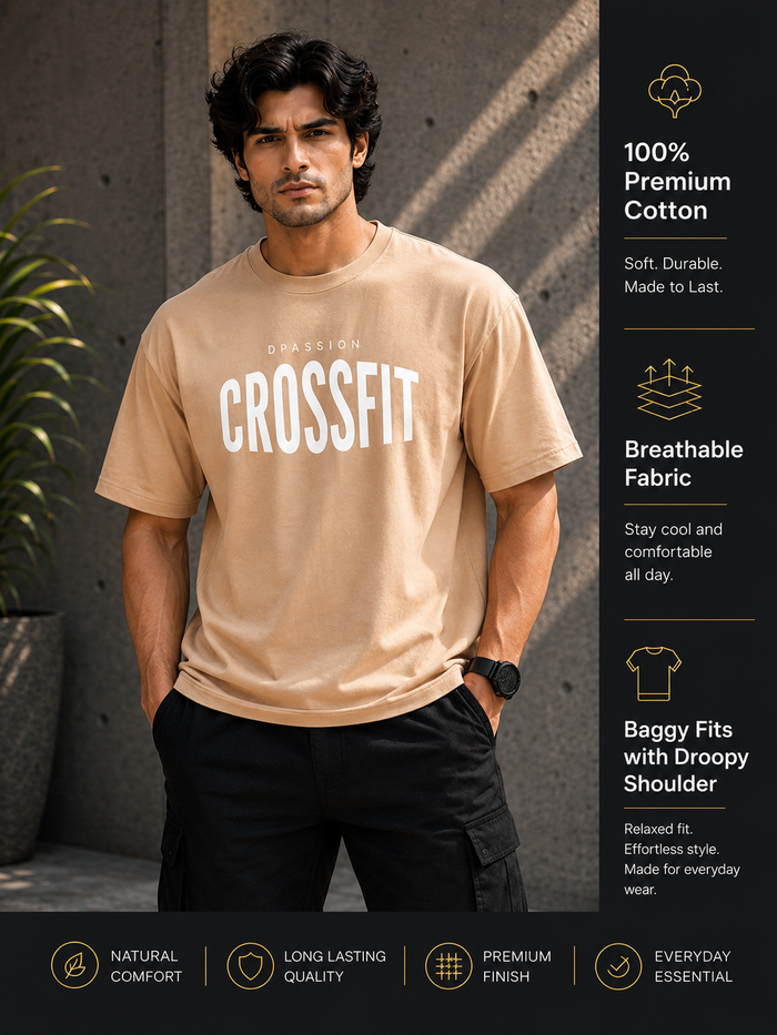 Men's Oversized Drop Shoulder T-Shirt | Pure Cotton Relaxed Fit Round Neck Streetwear Tee (Beige)