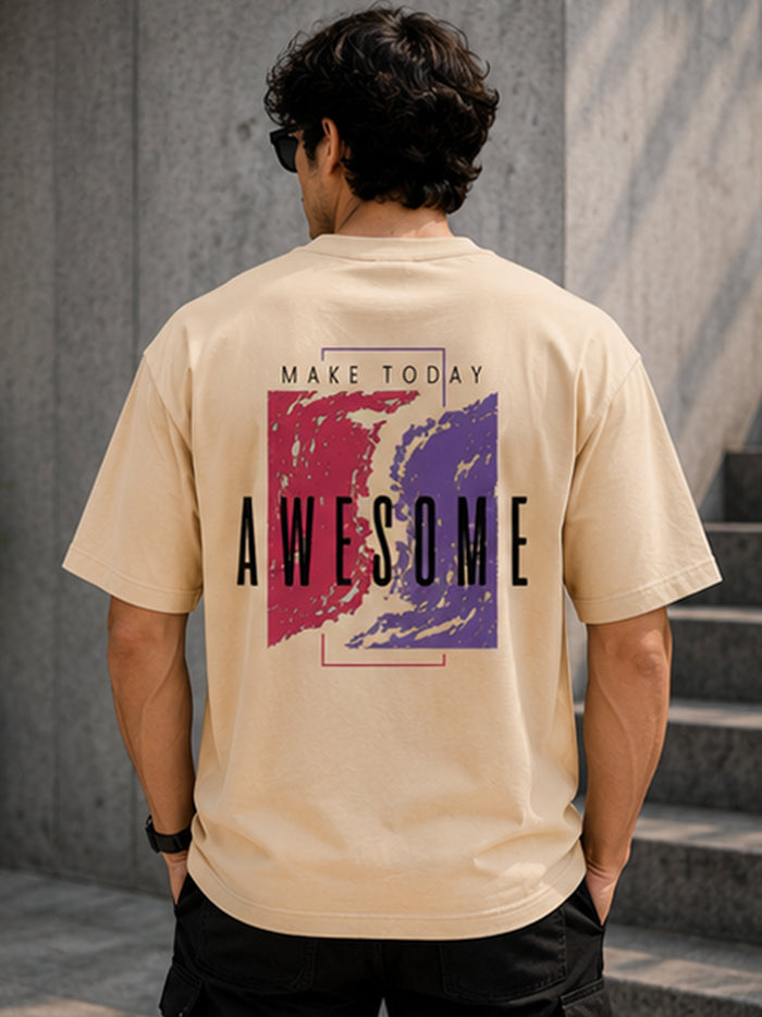 Men's Oversized Drop Shoulder T-Shirt | Pure Cotton Relaxed Fit Round Neck Streetwear Activewear Tee (Beige)