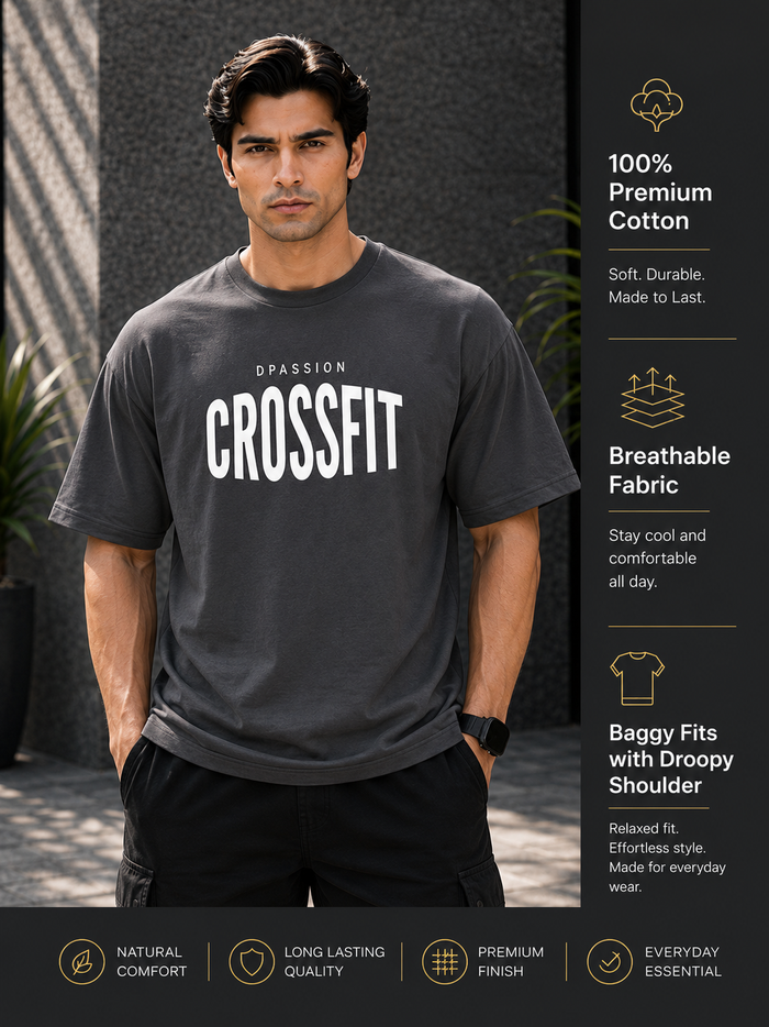 Men's Oversized Drop Shoulder T-Shirt | Pure Cotton Relaxed Fit Round Neck Streetwear Tee (Grey)
