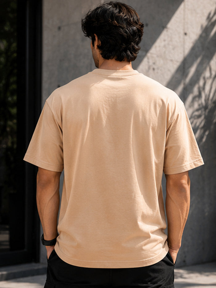 Men's Oversized Drop Shoulder T-Shirt | Pure Cotton Relaxed Fit Round Neck Streetwear Tee (Beige)