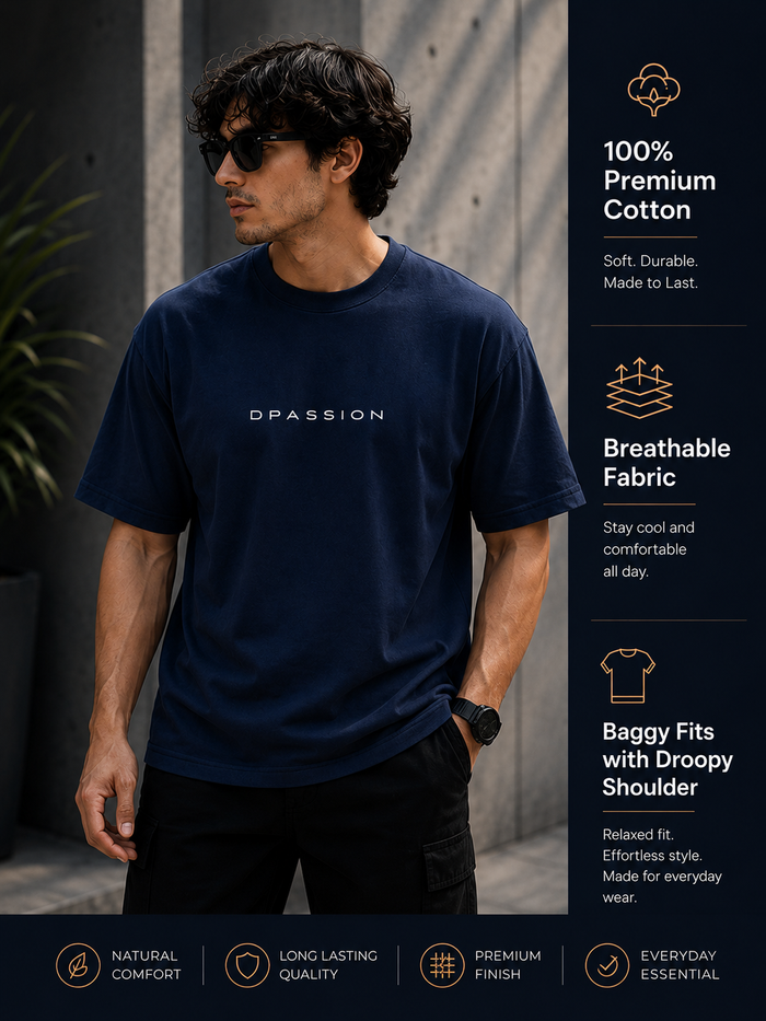 Men's Oversized Drop Shoulder T-Shirt | Pure Cotton Relaxed Fit Round Neck Streetwear Activewear Tee (Navy Blue)