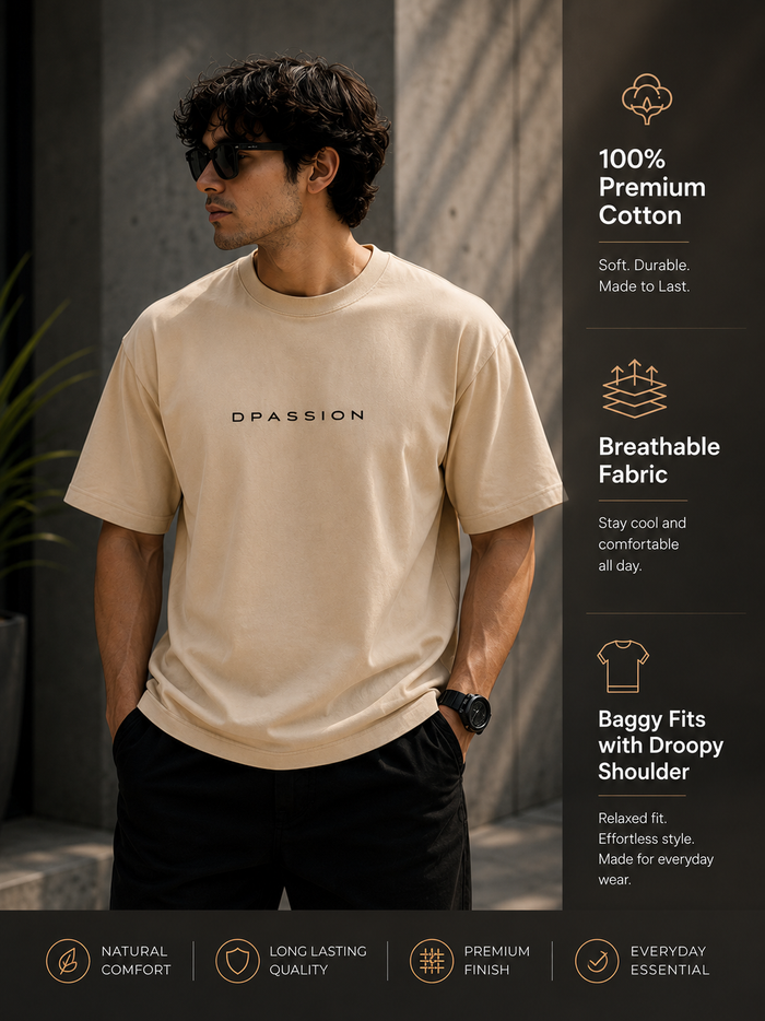 Men's Oversized Drop Shoulder T-Shirt | Pure Cotton Relaxed Fit Round Neck Streetwear Activewear Tee (Beige)