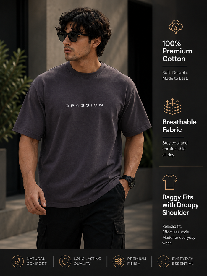 Men's Oversized Drop Shoulder T-Shirt | Pure Cotton Relaxed Fit Round Neck Streetwear Activewear Tee (Grey)