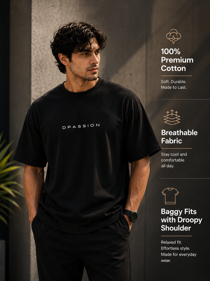 Men's Oversized Drop Shoulder T-Shirt | Pure Cotton Relaxed Fit Round Neck Streetwear Activewear Tee (Black)