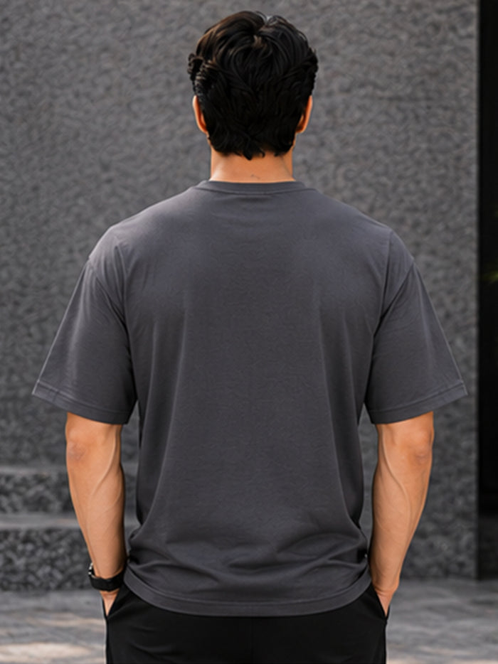 Men's Oversized Drop Shoulder T-Shirt | Pure Cotton Relaxed Fit Round Neck Streetwear Tee (Grey)