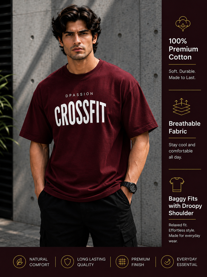 Men's Oversized Drop Shoulder T-Shirt | Pure Cotton Relaxed Fit Round Neck Streetwear Tee (Wine)