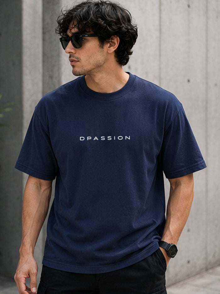 Men's Oversized Drop Shoulder T-Shirt | Pure Cotton Relaxed Fit Round Neck Streetwear Activewear Tee (Navy Blue)