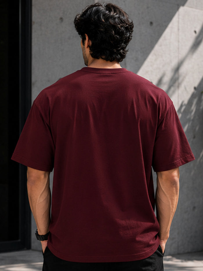 Men's Oversized Drop Shoulder T-Shirt | Pure Cotton Relaxed Fit Round Neck Streetwear Tee (Wine)