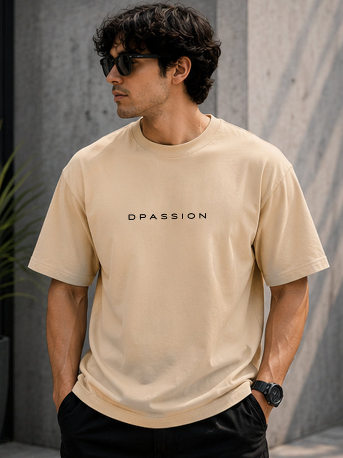 Men's Oversized Drop Shoulder T-Shirt | Pure Cotton Relaxed Fit Round Neck Streetwear Activewear Tee (Beige)