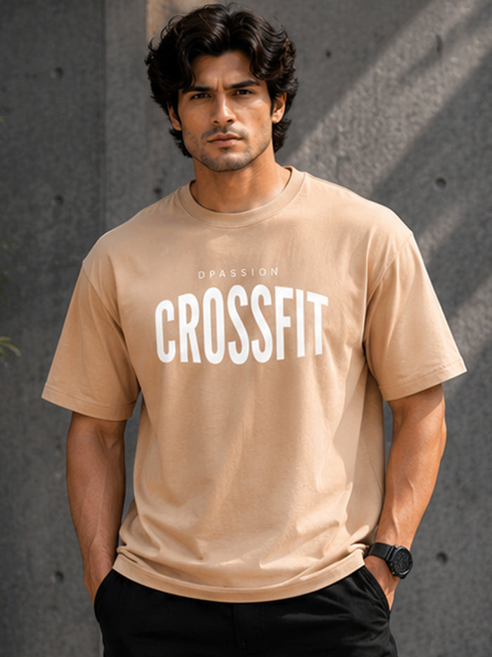 Men's Oversized Drop Shoulder T-Shirt | Pure Cotton Relaxed Fit Round Neck Streetwear Tee (Beige)