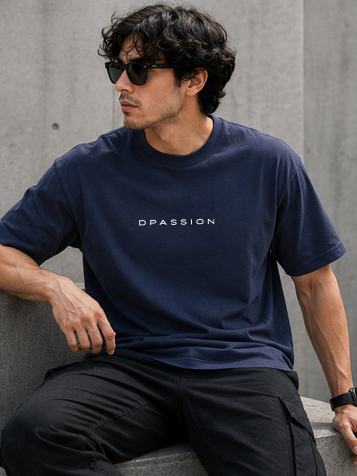 Men's Oversized Drop Shoulder T-Shirt | Pure Cotton Relaxed Fit Round Neck Streetwear Activewear Tee (Navy Blue)
