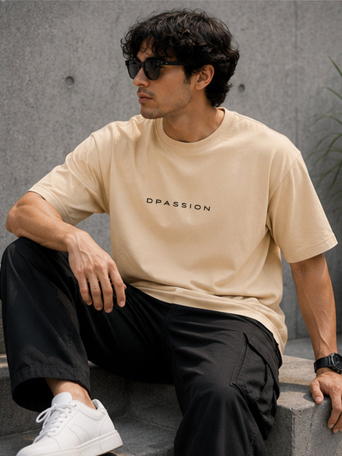 Men's Oversized Drop Shoulder T-Shirt | Pure Cotton Relaxed Fit Round Neck Streetwear Activewear Tee (Beige)