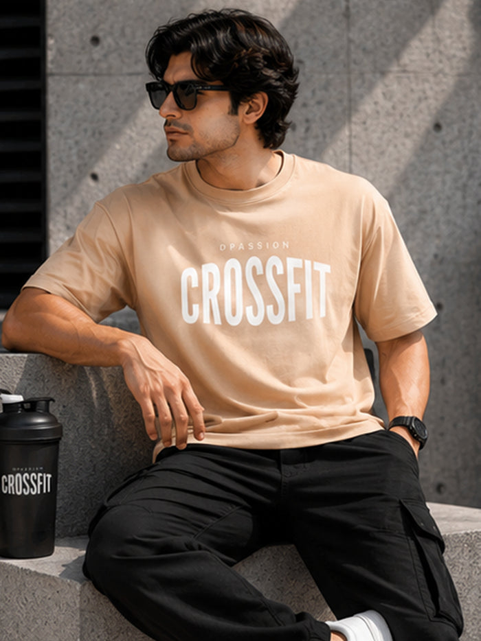 Men's Oversized Drop Shoulder T-Shirt | Pure Cotton Relaxed Fit Round Neck Streetwear Tee (Beige)