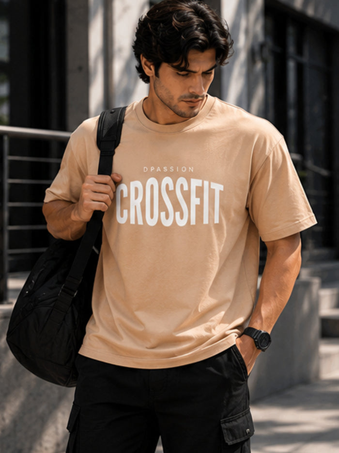 Men's Oversized Drop Shoulder T-Shirt | Pure Cotton Relaxed Fit Round Neck Streetwear Tee (Beige)