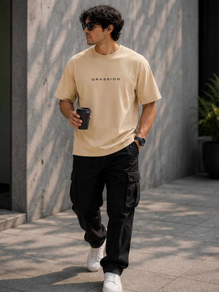 Men's Oversized Drop Shoulder T-Shirt | Pure Cotton Relaxed Fit Round Neck Streetwear Activewear Tee (Beige)