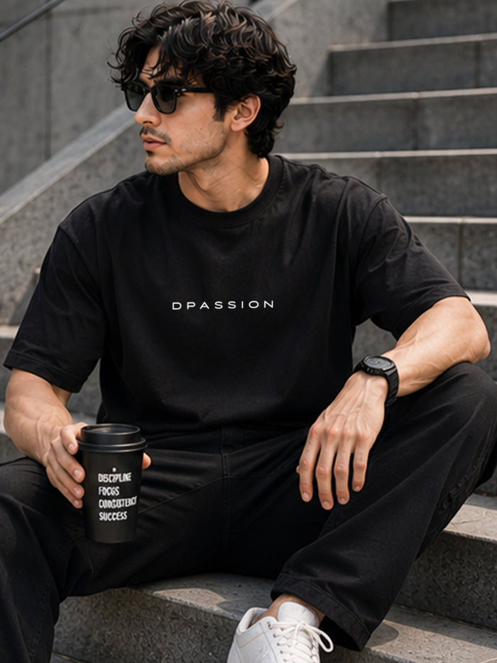 Men's Oversized Drop Shoulder T-Shirt | Pure Cotton Relaxed Fit Round Neck Streetwear Activewear Tee (Black)