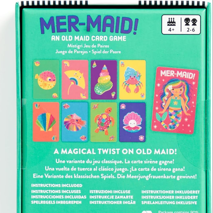 Mermaid-themed card game packaging with colorful cards and text on a green background