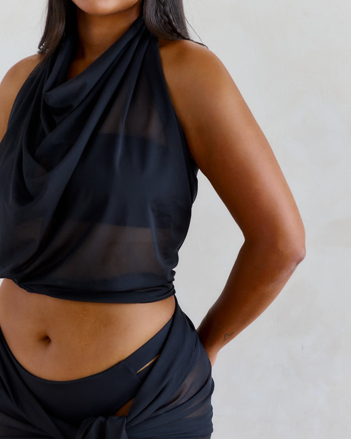 mesh scarf worn as a top