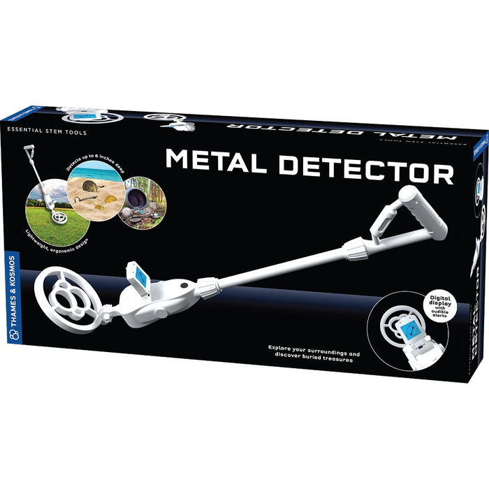 Boxed metal detector with images of a field, pond, and treasure chest on a white background