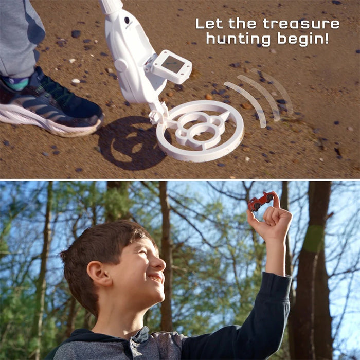 Metal detector on dirt with text 'Let the treasure hunting begin!' and a boy holding a find outdoors.