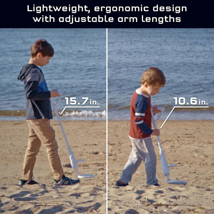 Two children using Metal Detector on a beach with measurements indicated.