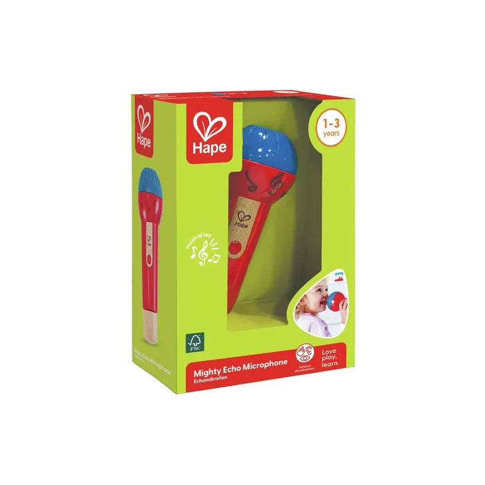 Hape Mighty Echo Microphone toy in its original lime green and red retail packaging, showing a picture of a baby using the toy.
