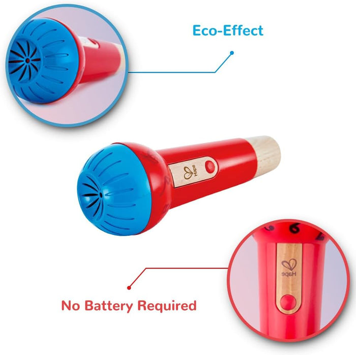 Red and blue microphone with eco-effect and no battery required text