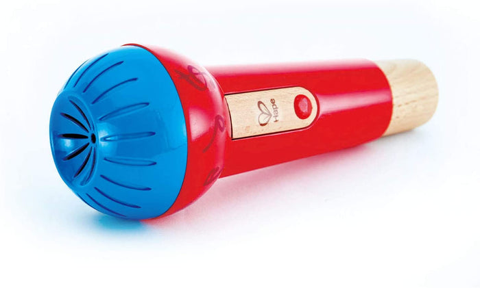 Blue and red mighty echo microphone on a white background