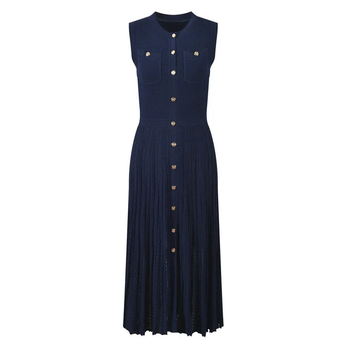 Navy blue dress with gold buttons on a white background