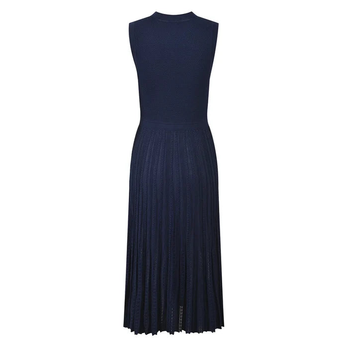 Navy blue sleeveless dress on a white background