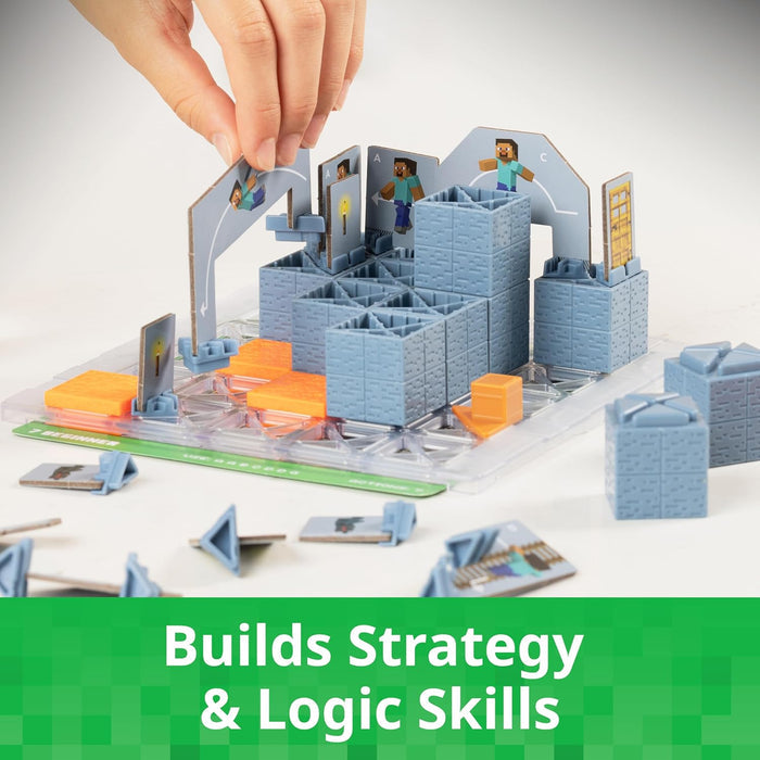 Board game setup with components and text 'Builds Strategy & Logic Skills' on a green banner