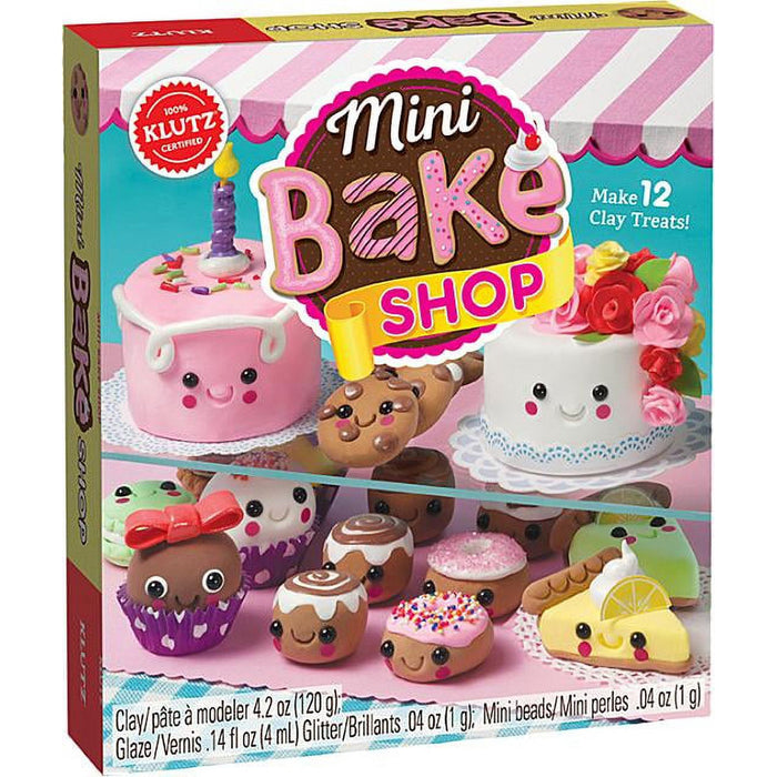 Box of Mini Bake Shop toy set with colorful packaging and clay treats displayed.