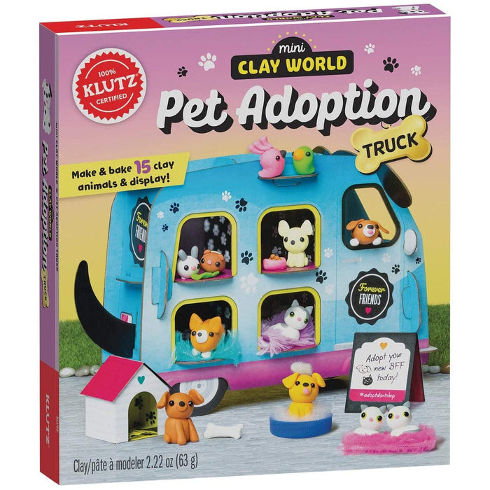 Box for Klutz mini Clay World Pet Adoption Truck craft kit with colorful design and toy animals.