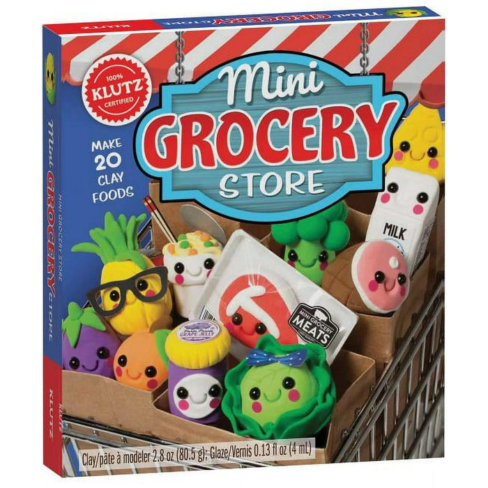 Klutz Mini Grocery Store toy set packaging with colorful clay food models and a shopping cart.