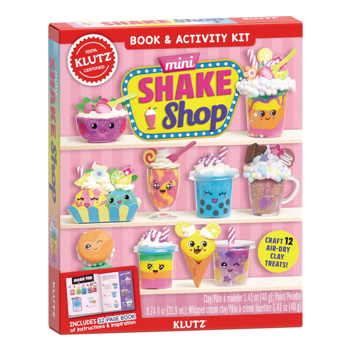 Klutz mini Shake Shop book and activity kit packaging with colorful illustrations of ice cream cups on a pink background.