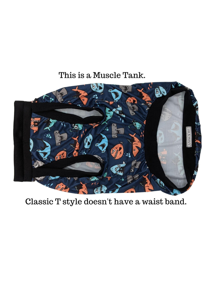 Mischievous Fish & Sharks dog pajamas featuring colorful shark print with black CottonSpandex trim - underbelly view