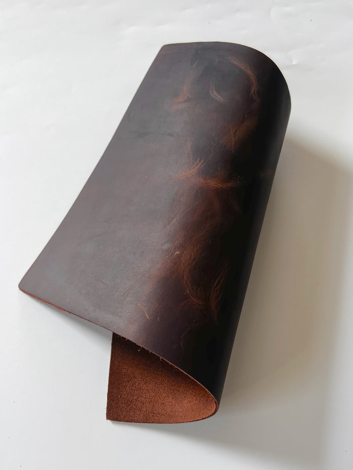 Mocha Crazy Horse Leather, 8.5 × 11 in shown to display leather shape and cutting area