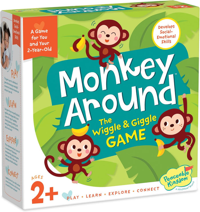 Box of 'Monkey Around' game by Peaceable Kingdom with cartoon monkeys on a green background.