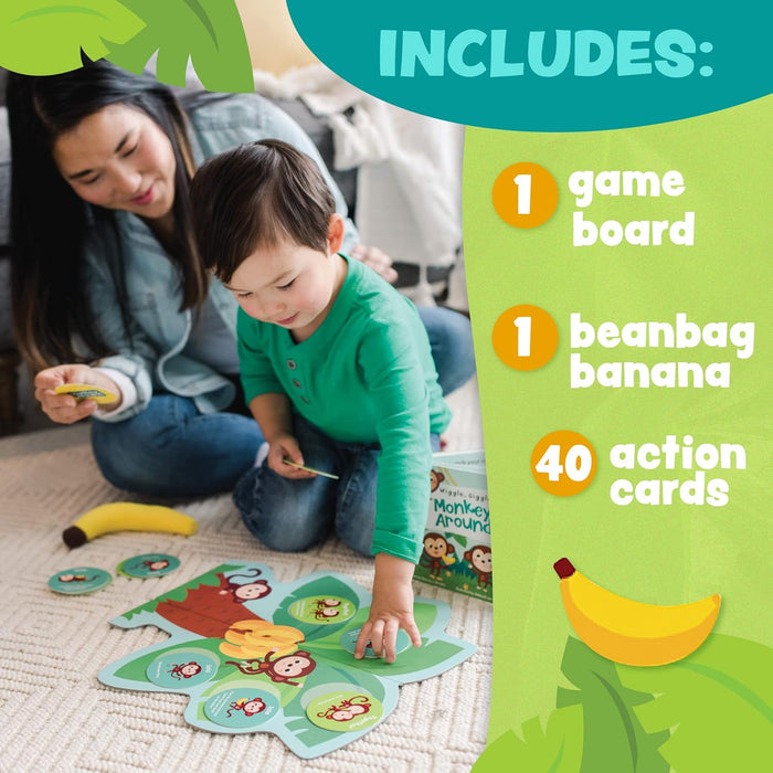 Woman and child playing a game with a beanbag banana and action cards, featuring text on included items.